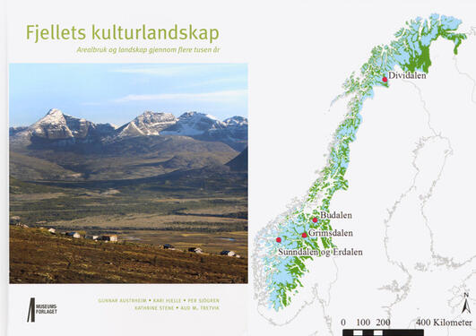 The cover of the book Fjellets kulturlandskap and a map of Norway showing the four sites investigated