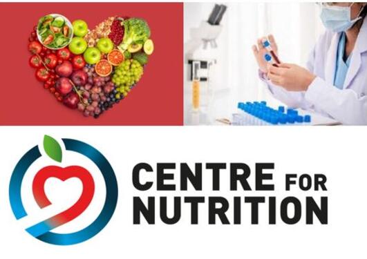 Food shaped as a heart on a red background, woman working in a lab and the logo of Centre for Nutrition