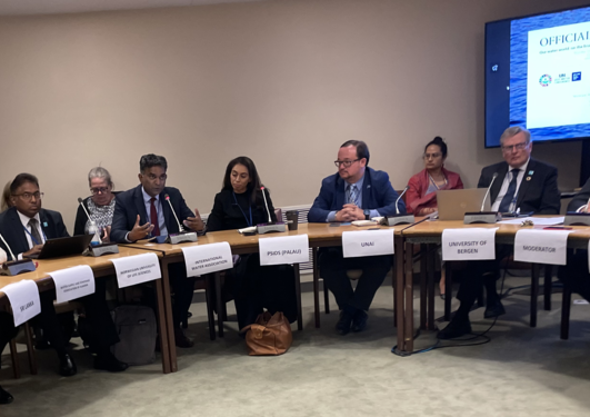 Executive Director Kala Vairavamoorthy speaking with the rest of the panel and the moderator listening at side event organised by the University of Bergen at the UN 2023 Water Conference on 23 March 2023.