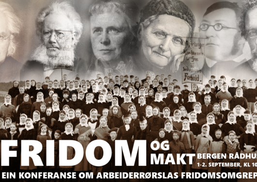 Illustrasjonsbilde til konferansen med flere av våre store forfattere og demonstrerende kvinner med skaut fra arbeidarbevegelsens tidlige tider