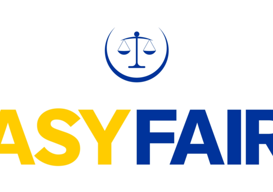The letters ASY in yellow and FAIR in blue, with a weight enclosed in a blue circle over the Y and the F
