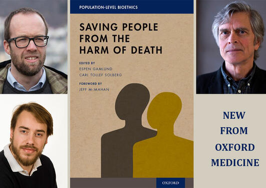 Bokomslaget + bilder av redaktørene Espen Gamlund og Carl Tollef Solberg og av Jeff McMahan som har skrevet forordet. I tillegg står det også "new from oxford medicine"