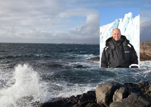 Bilde av et kystområde og bilde av forskeren