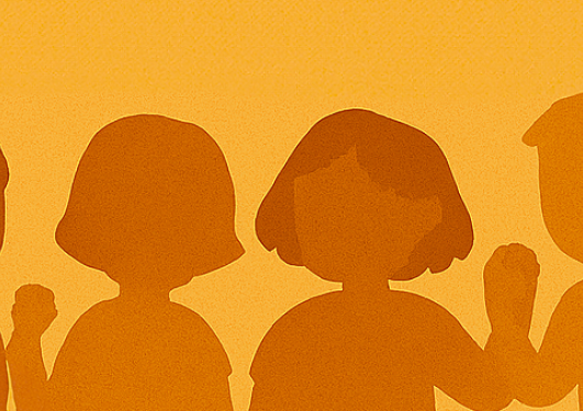 Drawing of four children waving