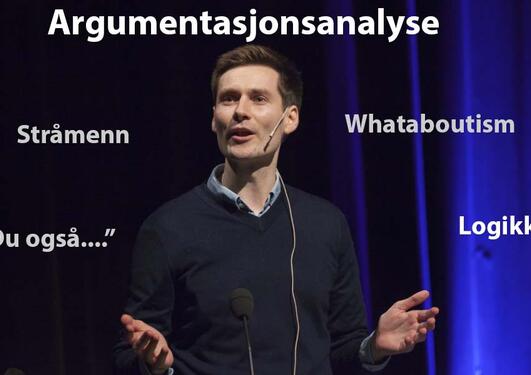 Ole Hjortland med overskriften "Argumentasjonsanalyse" og med ordene "Stråmenn, "Du også....", "Whataboutism" og "logikk" fordelt under.