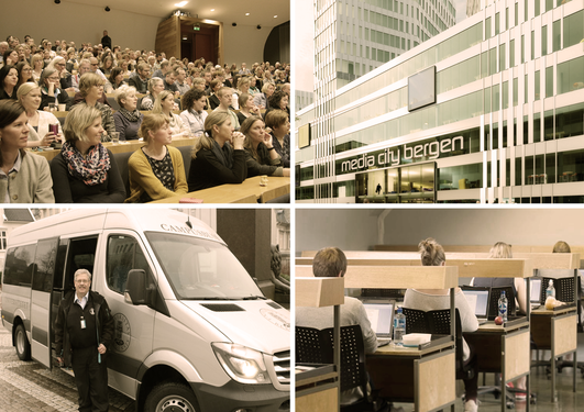 Bildecollage av campusbussen, digital eksamen, ansatte og en skisse til Media City Bergen