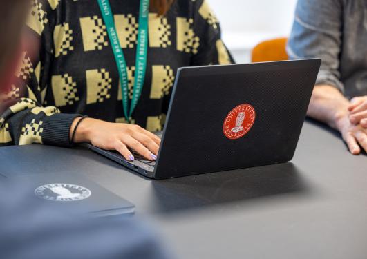 Ansatte sitter rundt et bord og jobber sammen på laptop med UiB-logo. 
