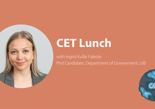 Red/orange background with picture of Ingrid Kvåle Faleide text saying CET Lunch with Ingrid Kvåle Faleide. CET-logo on earth background in right corner.