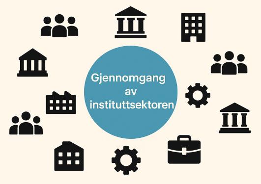 Bile av diverse tegnede hus, personer, veske, tannhjul