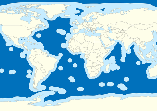 Map showing the world's oceans and the 200 miles Exclusive Economic Zones (EEZs) and High Seas beyond national jurisdiction.