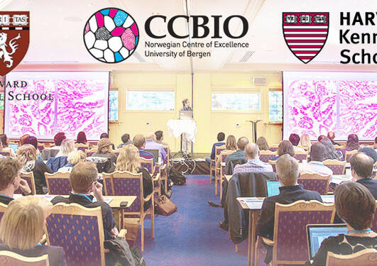 Collage of educational session in auditorium and logos of CCBIO, Harvard Medical School and Harvard Kennedy School.