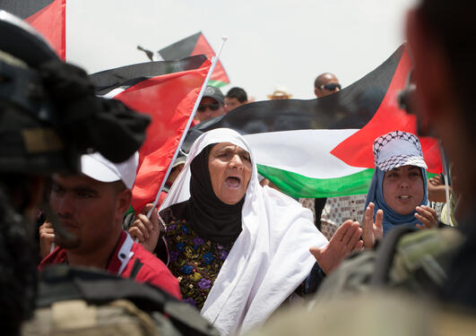 Palestinian women confront Israeli soldiers in a demonstration near Susya in the South Hebron Hills.