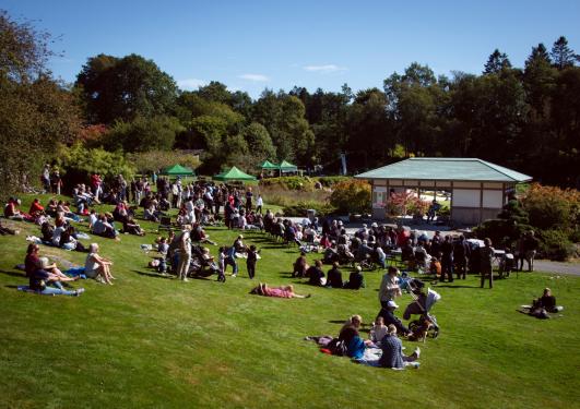 Folkemengde på gresset foran en japansk tepaviljong med trær i bakgrunnen