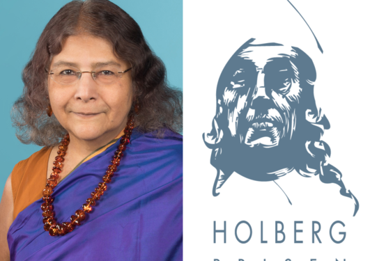 To the left: A woman with dark hair, glasses, a sari in orange and purple and a red necklace. To the right: A stylized portrait of Ludvig Holberg in white and grey and the words Holbergprisen below