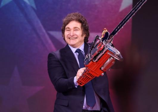 President Javier Milei of Argentina with a chainsaw