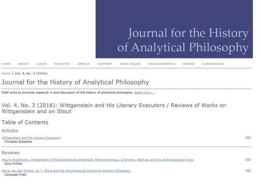 Skjermbilde fra forsiden til Journal for the History of Analytical Philosophy