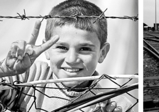 Two black and white photos - one of a child behind barbed wire showing the peace sign with his fingers, and one of railroad tracks