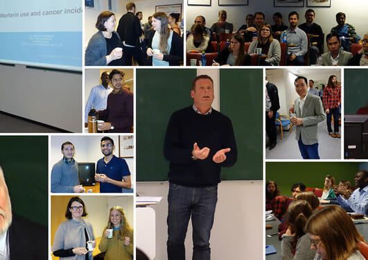 Collage of photos from the Junior Scientist Symposium December 8th 2016. Audience, lecturers, breaks and minging.