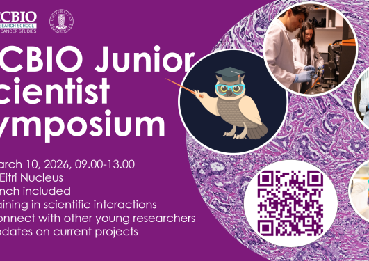 An owl pointing to the name and date of the symposium.