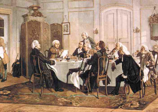 Kant og hans bordkamerater. Farget trestikk av Klose & Wollmerstaedt