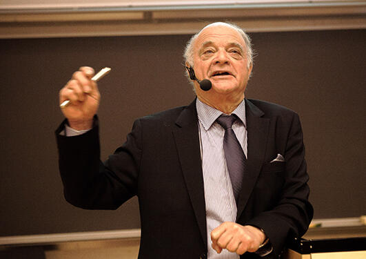 Professor Kerbel holding a lecture in an auditorium