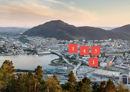 Oversiktsbilde av Bergen med markeringer for fysisk plassering av klyngene.