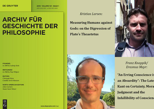 Cover of the journal "Archiv für Geschichte der Philosophie", and picture of Kristian Larsen and Franz Knappik and titles of their poublications in the journal