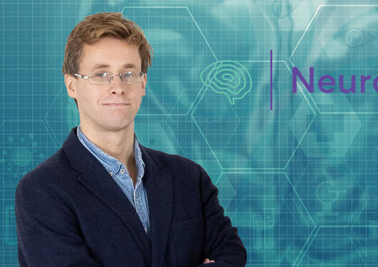 Portrait of Kvistad with a brain illustration background, and the NeuroSysMed logo.