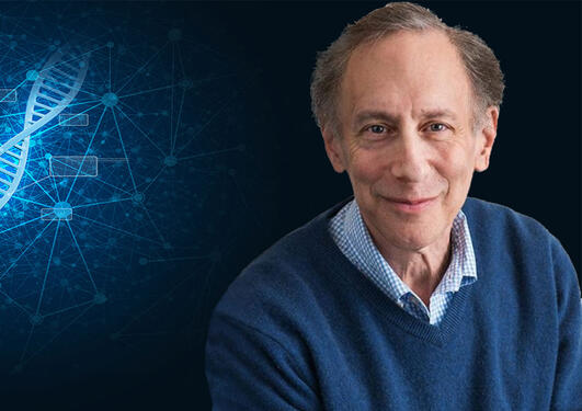 Portrait of Robert Langer with a background of a nanotechnology illustration.