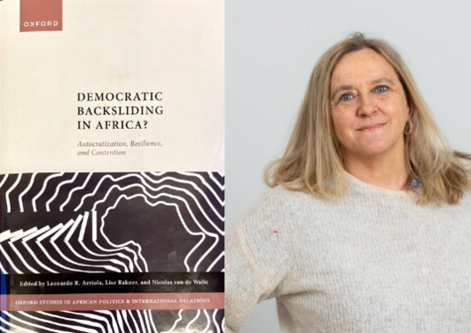 Picture of the book "Democratic backsliding in Africa?" to the left, and Lise Rakner to the right