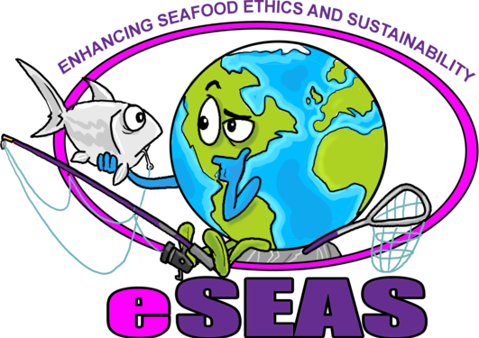 Logo eSEAS: An antropomorphized Earth holds a fish with one hand and looks thoughtfully at it. The full name of the project is written at the top, the short name below. 