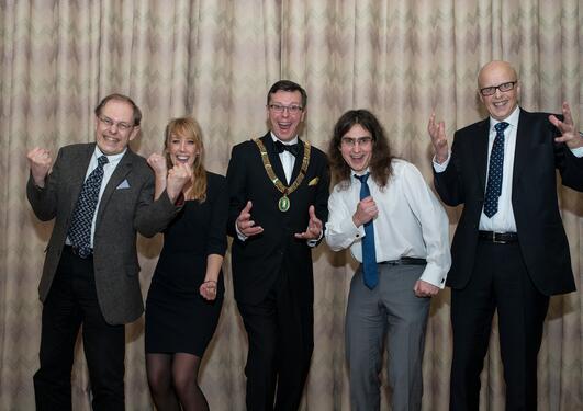 Jumping for joy after the Meltzer Research Fund Awards show on Friday 7 March 2014, left to right: Prize winners Gunnstein Akselberg and Maja Janmyr, UiB Rector Dag Rune Olsen, and prize winners Michał Pilipczuk and Kenneth Hugdahl.