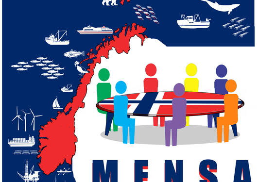 A map of Norway in red, an ocean filled with windmills, oil rigs, fish and ships, and figures sitting around a table made up of the Norwegian flag. The word MENSA is written below.