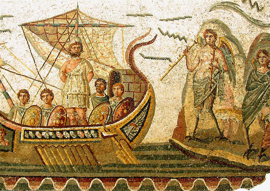 Mosaikk av en romersk robåt. Fra Bardo musum, Tunisia