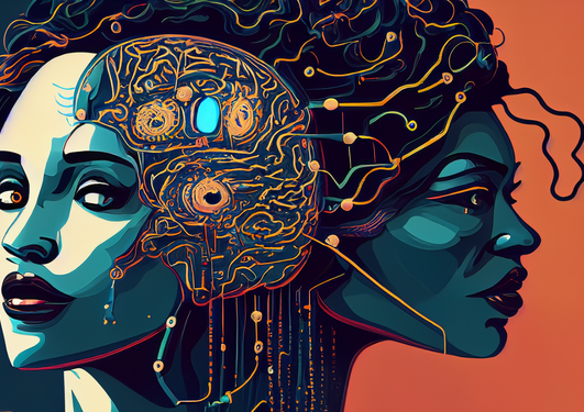 Artistic illustration of a two-faced woman with brain sensors.