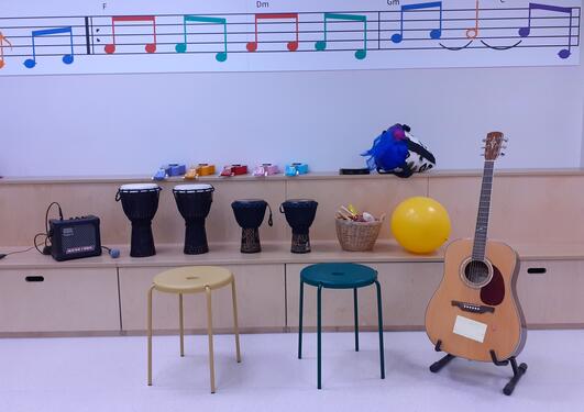 Bildet er tatt på et musikkrom og viser en gitar, noen trommer og to krakker