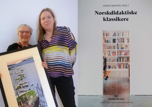 Bilde av Olga Dyste og Katrine Krogh + framside av boka Norskdidaktiske klassikere