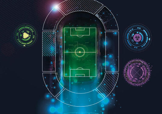 Illustration of a soccer field under a futuristic microscope.