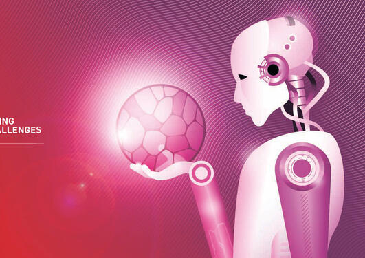 Futuristic illustration of a robot holding a cell ball in its hand, studying it.