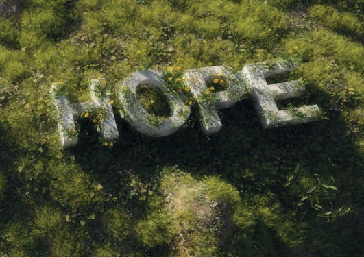 Illustration of overgrown letters on the field, seen from above, spelling HOPE.