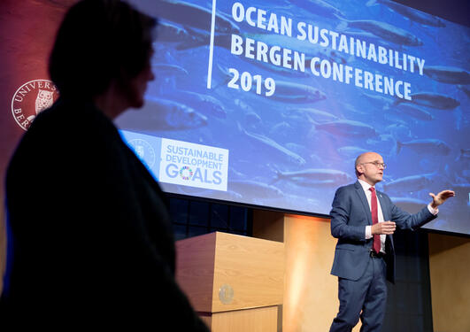 Former Norwegian Minister of Climate and Environment and now ocean diplomat Mr. Helge Vidarsen speaking at the Ocean Sustainability  Bergen Conference in October 2019.
