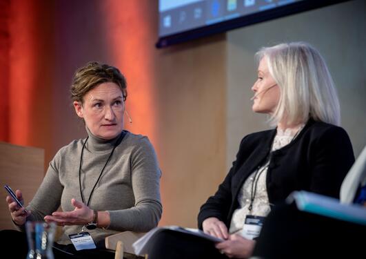 Professor Sigrid Schütz (left) speaking in a panel discussion during the inaugural Ocean Sustainability Bergen Conference in October 2019.