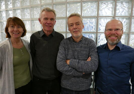 Gruppe for trygdeøkonomi. Frå venstre: førsteamanuensis Astrid Grasdal, professor Espen Bratberg, professor Kjell Vaage og professor Arild Aakvik.