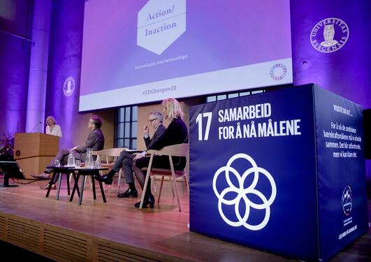 Pro-Rector Margareth Hagen moderating the session after Professor Peter Messerli's Bergen SDG Lecture at the 2020 SDG Conference Bergen, with respondents Stefania Giannini of UNESCO and Bård Vegar Solhjell of Norwegian Agency for Development Cooperation.