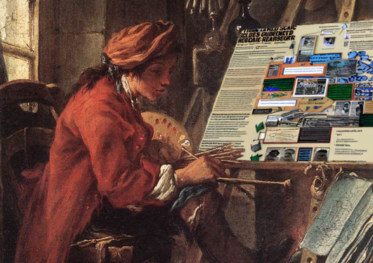 François Boucher's "Painter in his Studio", edited to look like the painter is making a cluttered research poster