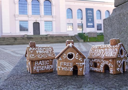 Pepperkakehus pyntet med slagord for akademisk frihet