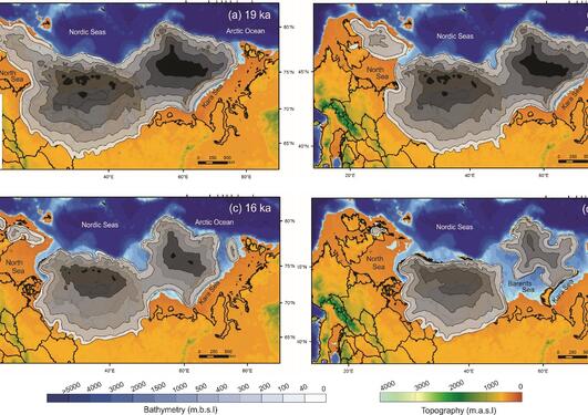 Konfigurasjonen og tykkelsen til det Eurasiske isdekket like før og etter oppsprekking i Nordsjøen (a og b) og i Barentshavet (c og d)