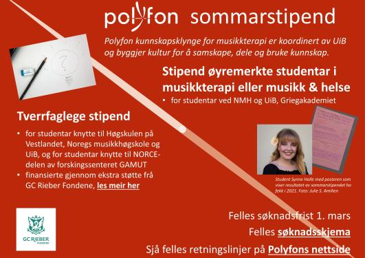 Plakat med informasjon om Polyfons sommarstipend for studentar, søknadsfrist 1. mars