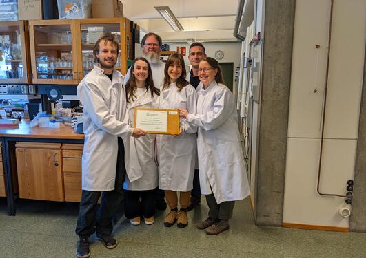 Teamet på Geomikrobiologisk laboratorium med det synlige beviset på at de er sertifisert som My Green Lab. Bakerst f.v.: Anders Schouw, Steffen Jørgensen. Foran f.v.: Sven Le Moine-Bauer, Hannah Babel, Renee Hageman og Petra Hribovšek.