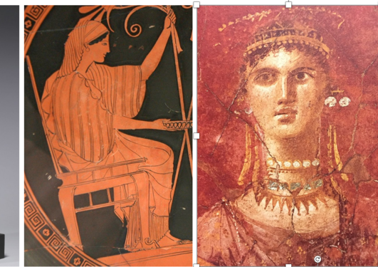 Inanna (sumersk sigill, ca. 2300 f.Kr.), Isis (egyptisk statuett, 600-t. f.Kr.), Hera (gresk vasemaleri, 400-t. f.Kr.), Venus (romersk veggmaleri, 1. årh. f.Kr.), Frøya? (kopi av amulett fra vikingtiden) og Saaraahka? (samisk trommefigur, 1600-t.). Foto/i